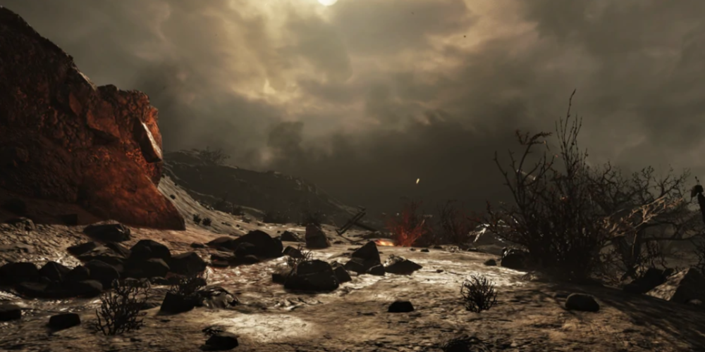 screenshot of traveling through a part of the desolate ash heap region.