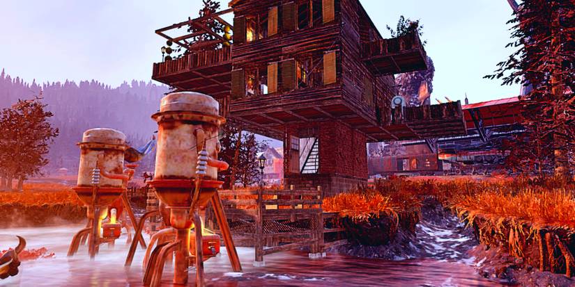 a couple of water purifiers in front of a house in a lake or pond.