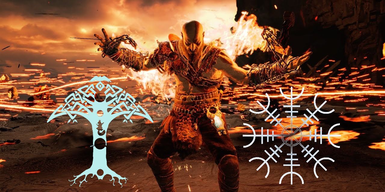 kratos using the sinmara's cinder talisman with some talisman icons flanking him.