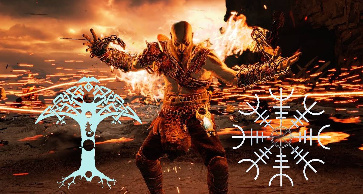 kratos using the sinmara's cinder talisman with some talisman icons flanking him.