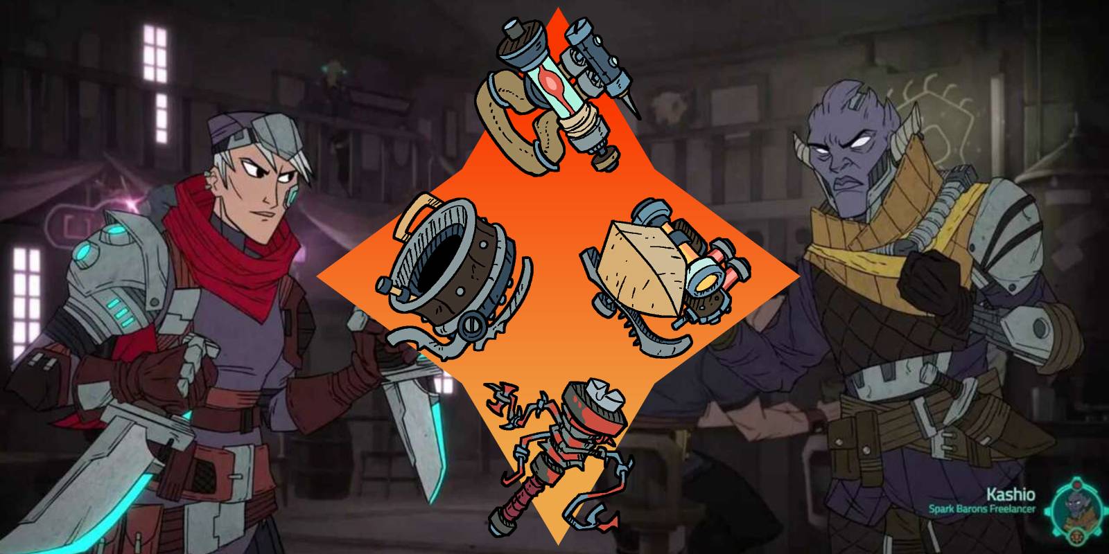 sal about to fight kashio with best rare battle graft icons in the middle.