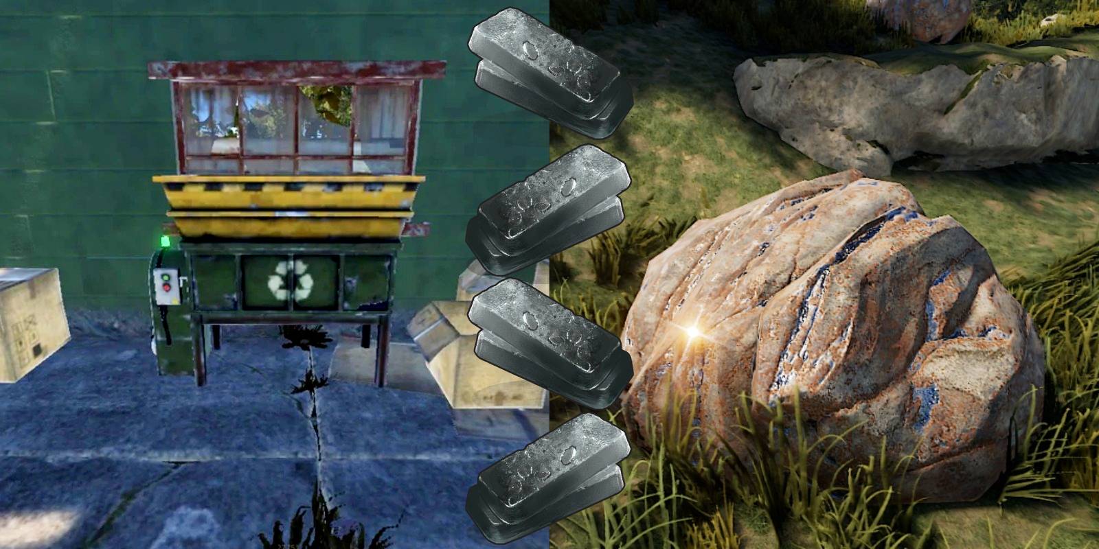 recycler and metal node stone with the icon for high quality metal ore in the middle.