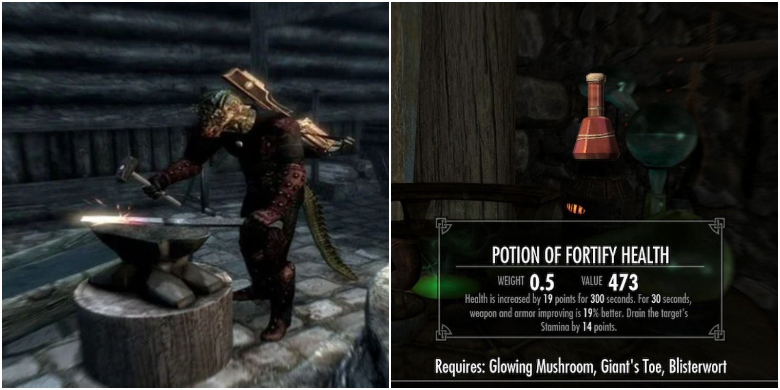 Character smithing (left), potion in Skyrim (right)