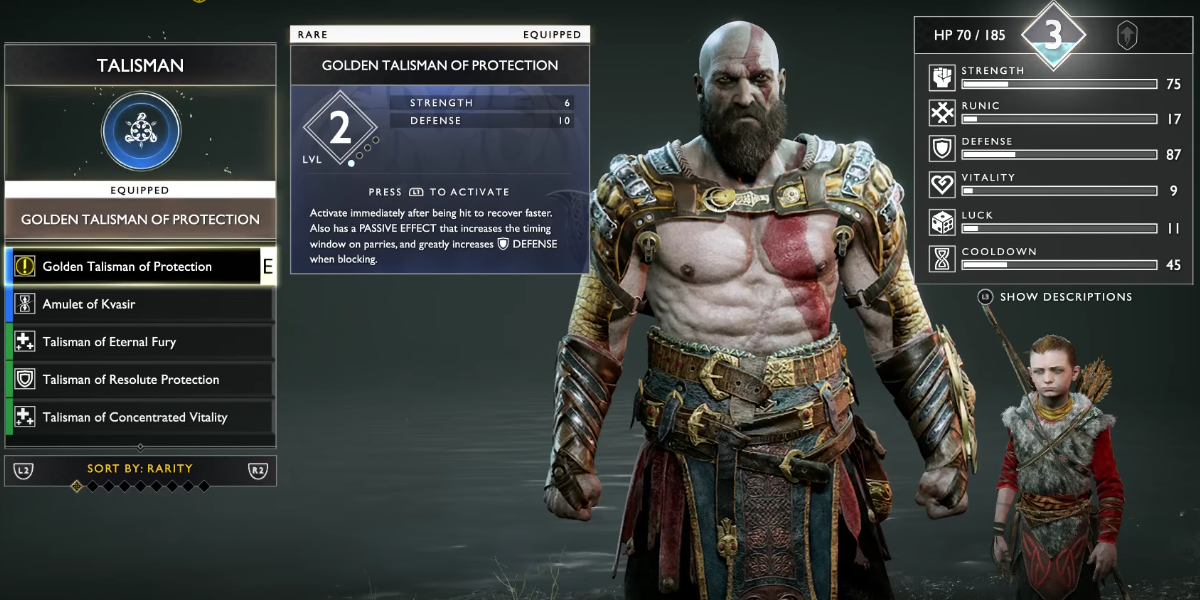 kratos equipping a defensive talisman.