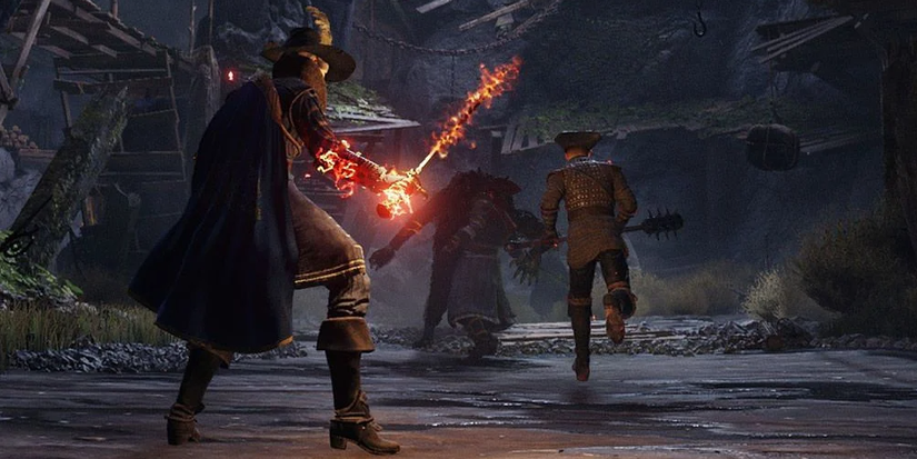 player holding a flaming one-handed blade.