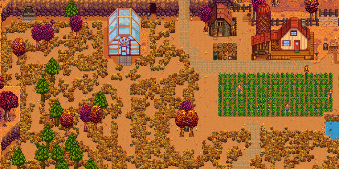 Stardew Valley farm in autumn with lots of grass
