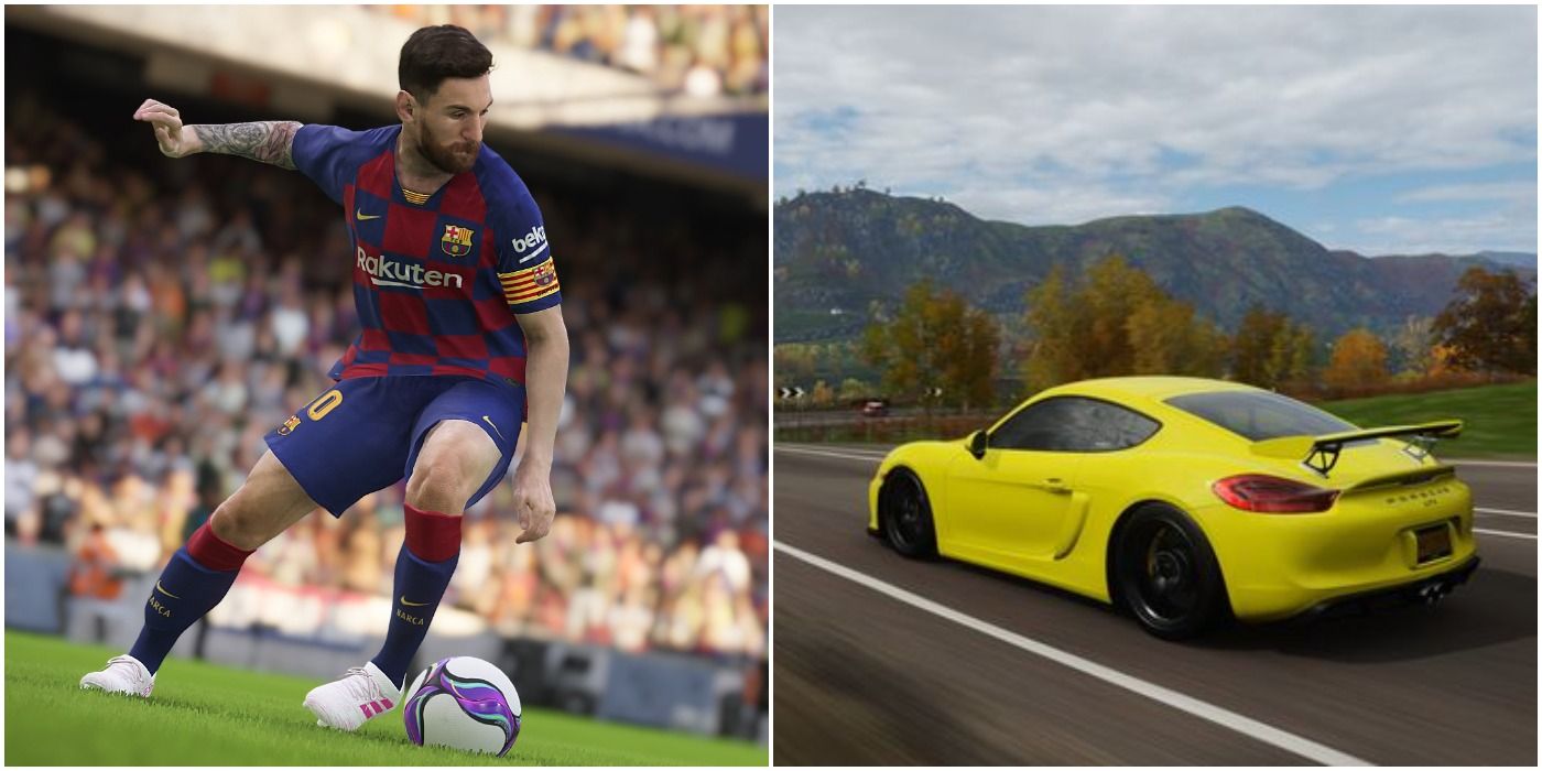 (Left) Messi in Pro Evolution Soccer 2021 (Right) Yellow Porche in Forza Horizon 4