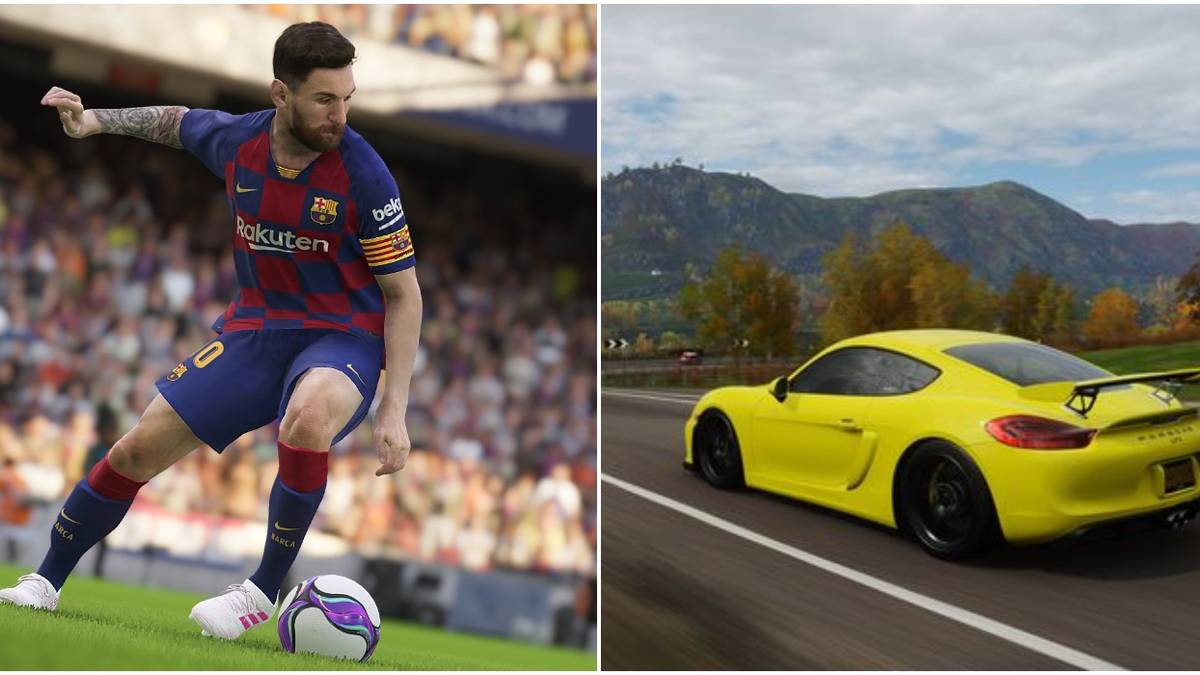 (Left) Messi in Pro Evolution Soccer 2021 (Right) Yellow Porche in Forza Horizon 4