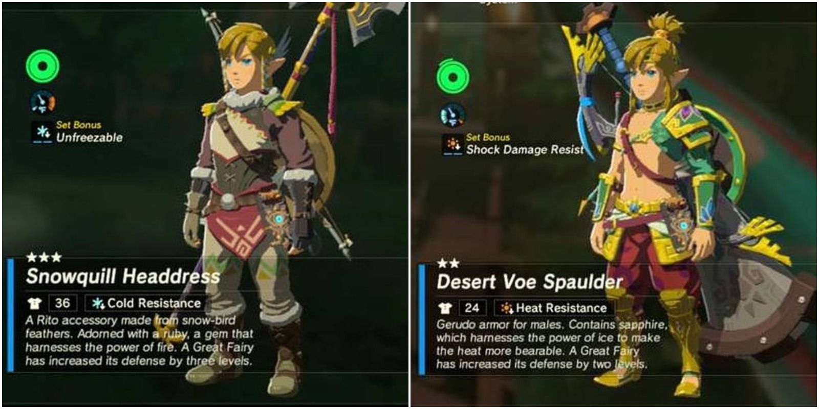 Link wearing the Snowquill armor (left) and Desert Voe armor (right)