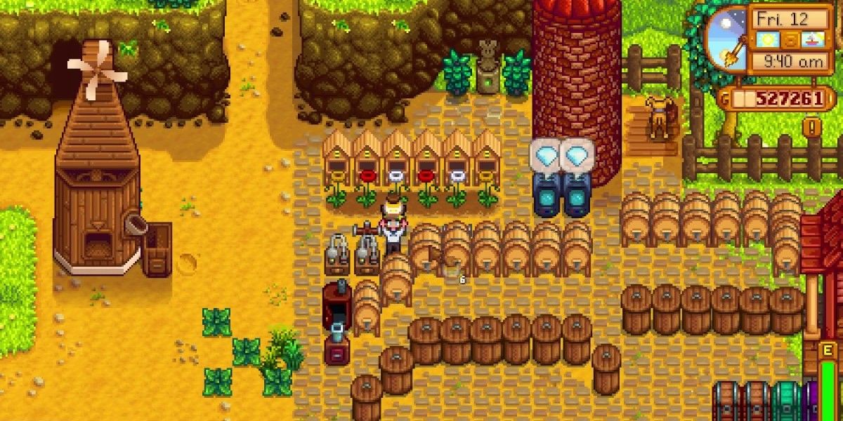 Character holding honey on farm.