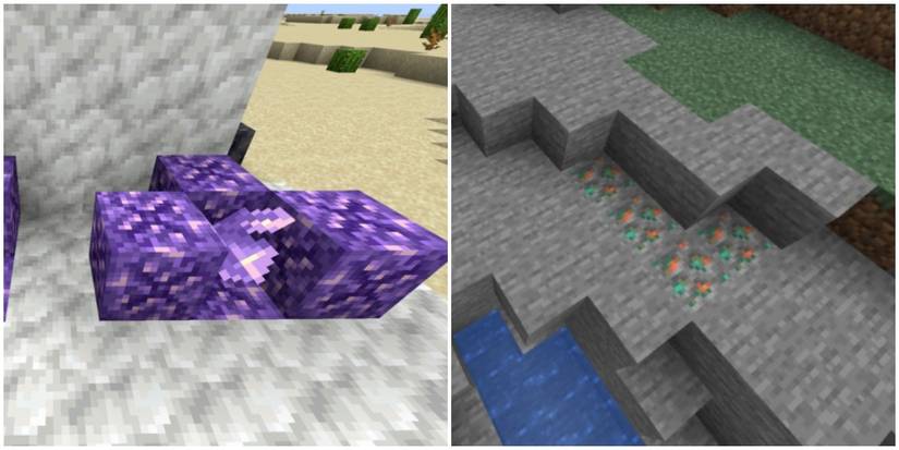 amethyst cluster and copper ore vein at surface level.