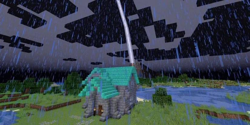 minecraft lightning rod on house with dark, rainy sky