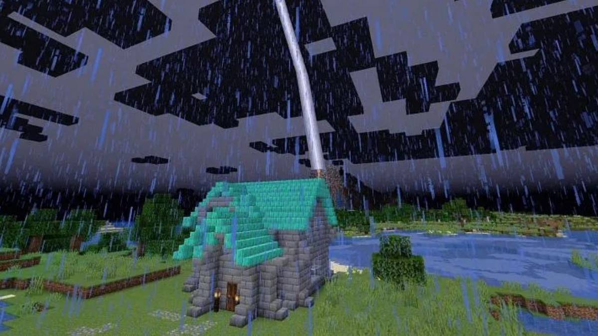 minecraft lightning rod on house with dark, rainy sky