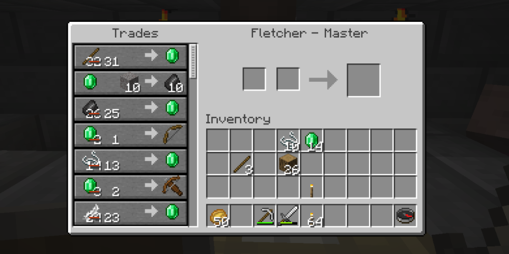 trading with a fletcher villager in menu.