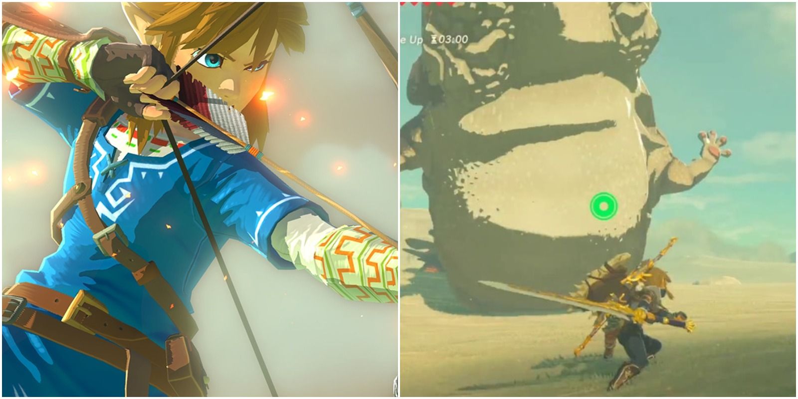 Link wielding a bow (left); a moldug in BotW (right)