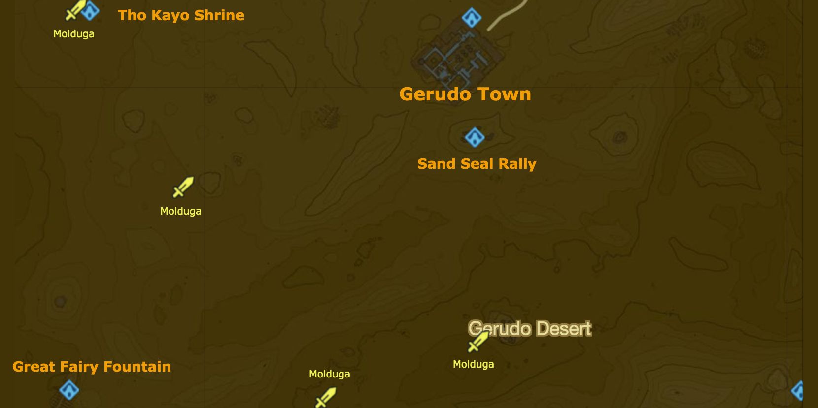 Map of Gerudo Desert with moldugas and landmarks