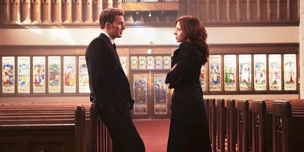 Black Widow and Captain America at Peggy's Funeral in Civil War