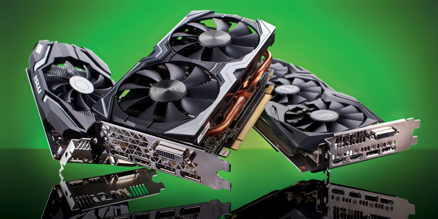 Photo of Nvidia and AMD graphics cards on a green background.