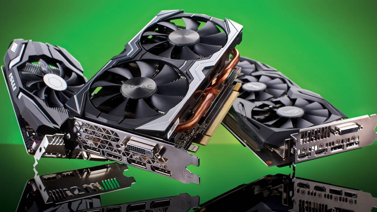 Photo of Nvidia and AMD graphics cards on a green background.