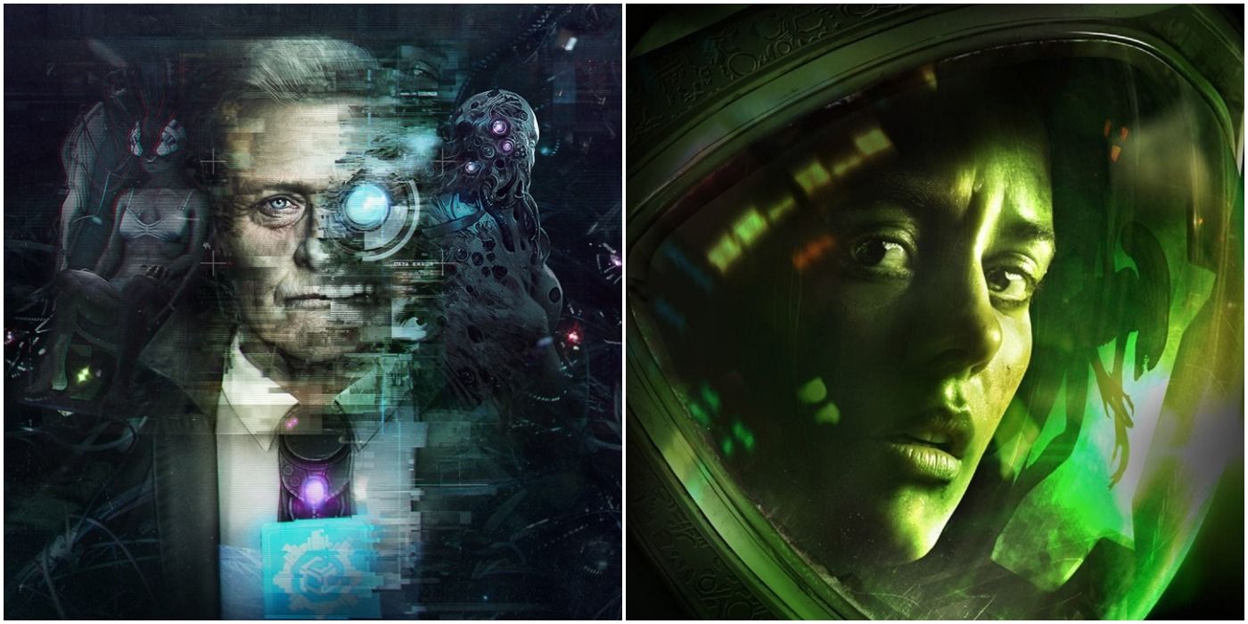 (Left) Front cover of Observer with man looking at camera (Right) Front cover of Alien: Isolation with Xenomorph in woman's helmet reflection