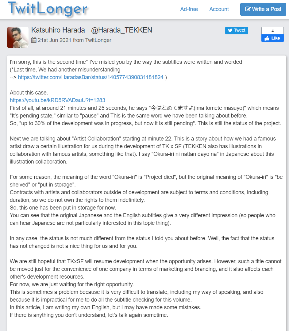 Tekken Harada's Twitlonger