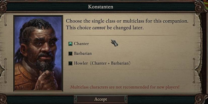 player selecting the class for konstanten in the menu.