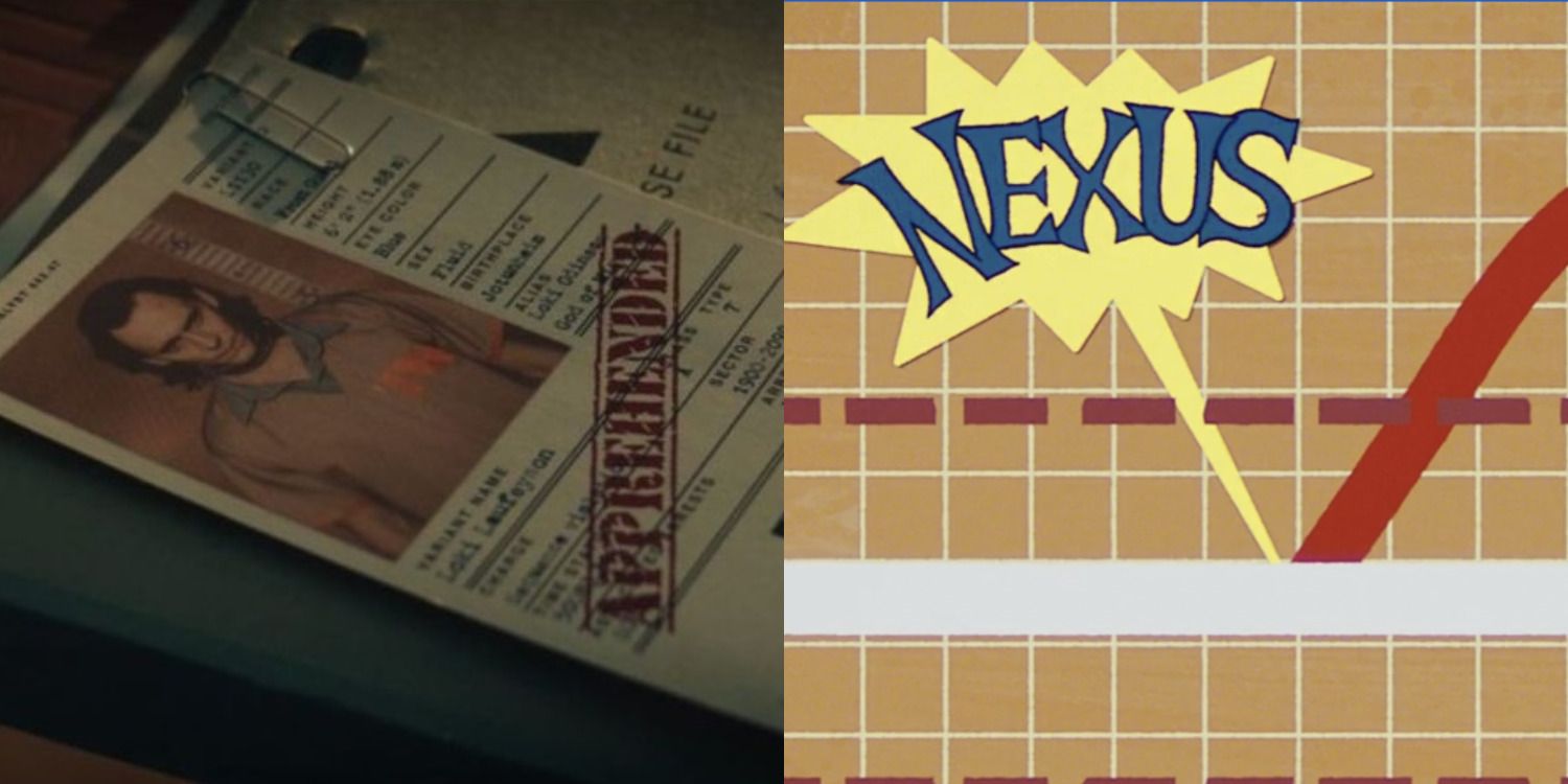 Loki Marvel comics references feature split image Loki's file and the mention of Nexus in the instrunctional film