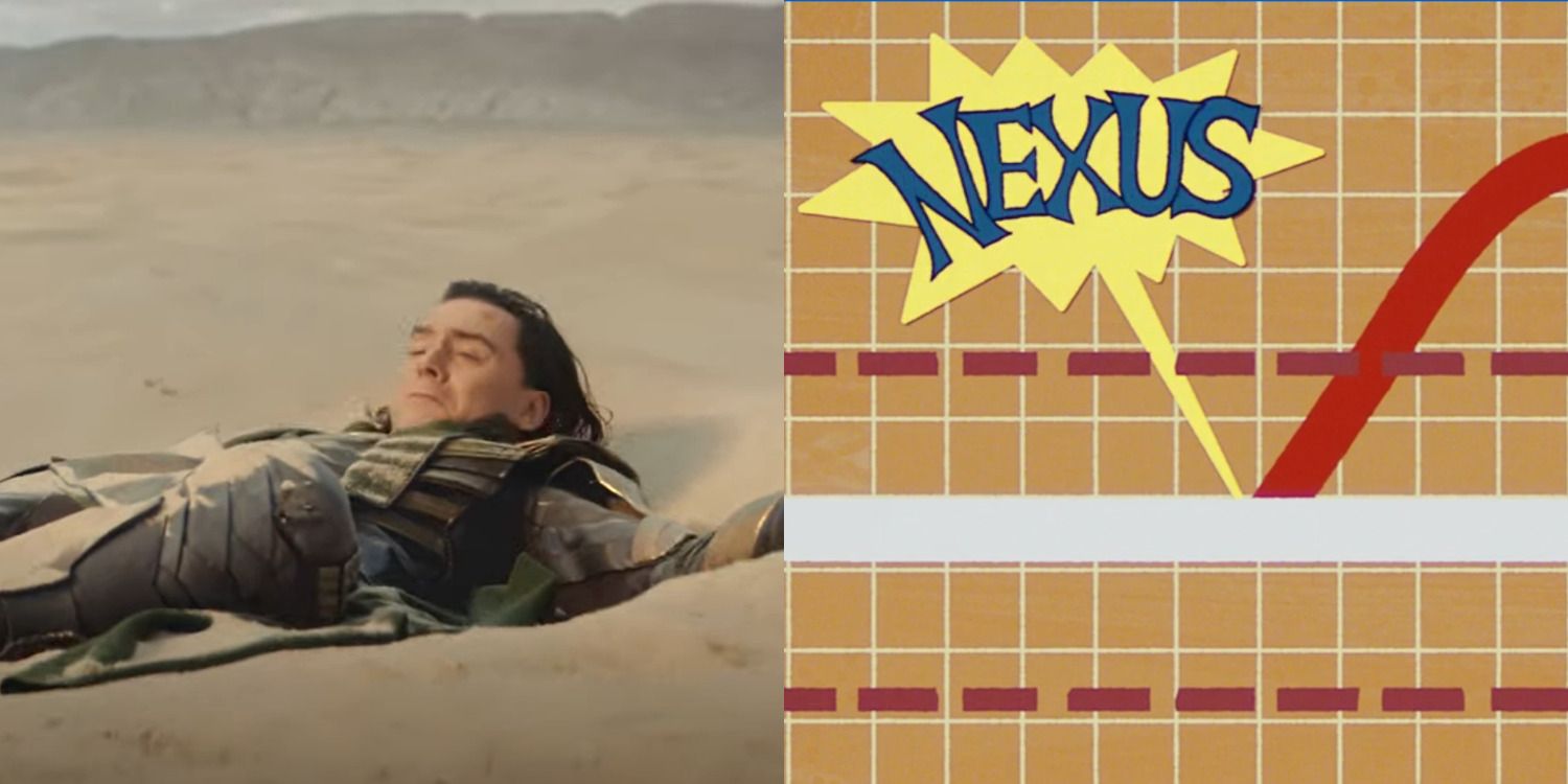 Локи, разбивающийся о песок (слева) и изображение, описывающее Нексус (справа)