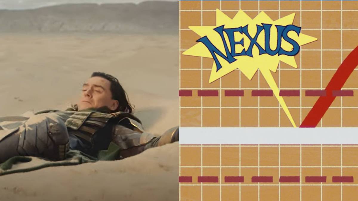 Loki crashing in the sand (left) and an image describing Nexus (right)