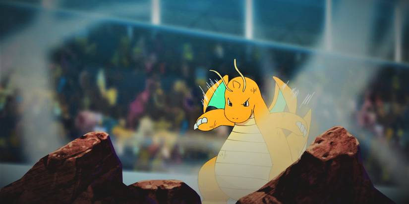 ash's dragonite using hurricane in battle.