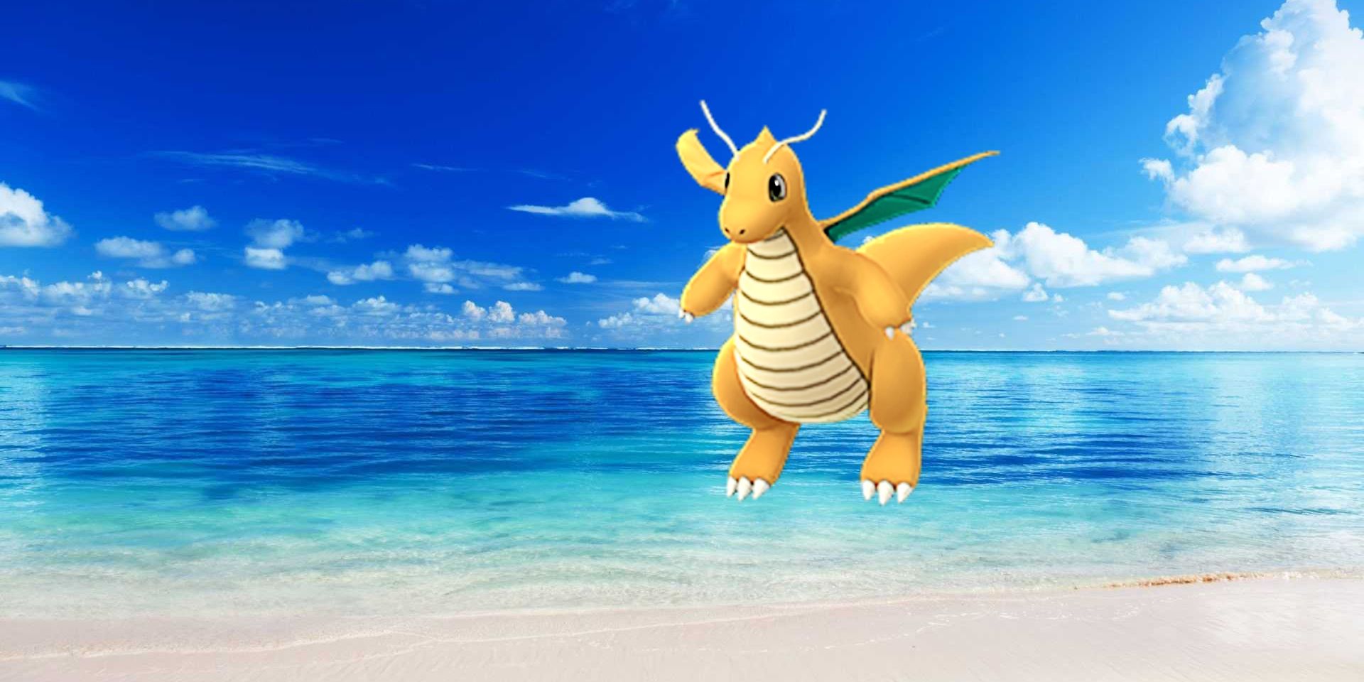 dragonite pokemon go avatar on a beach background.