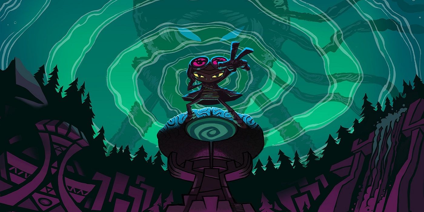 Cover art for Psychonauts 2 showing Raz against a swirling green background.