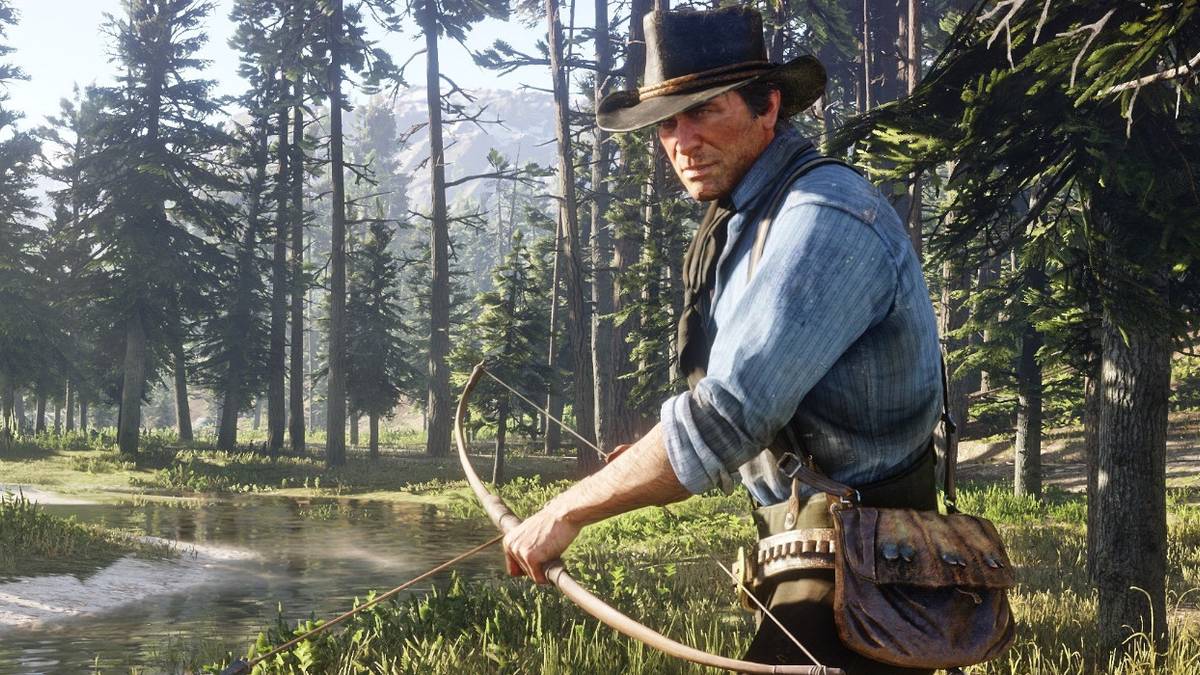 red-dead-redemption-2-arthur-with-bow-in-forest