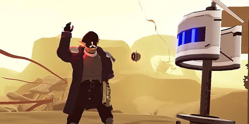 risk of rain 2 captain waving at robot in desert