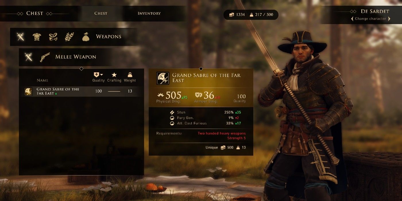 Greedfall's weapon stats page