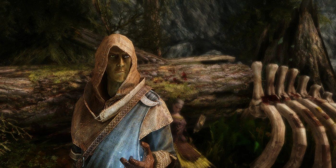 Screenshot from Skyrim showing a custom Altmer character by some dragon bones.