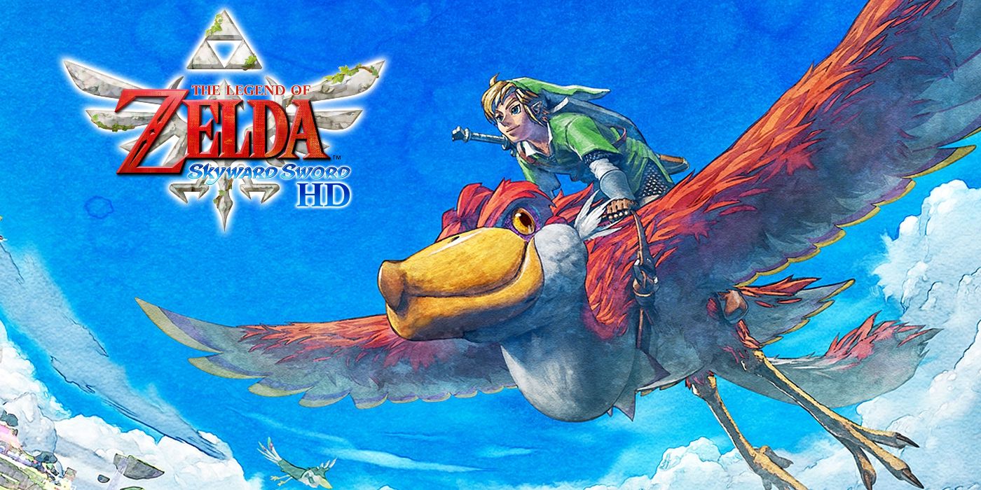 link on loftwing flying in sky with skyward sword logo