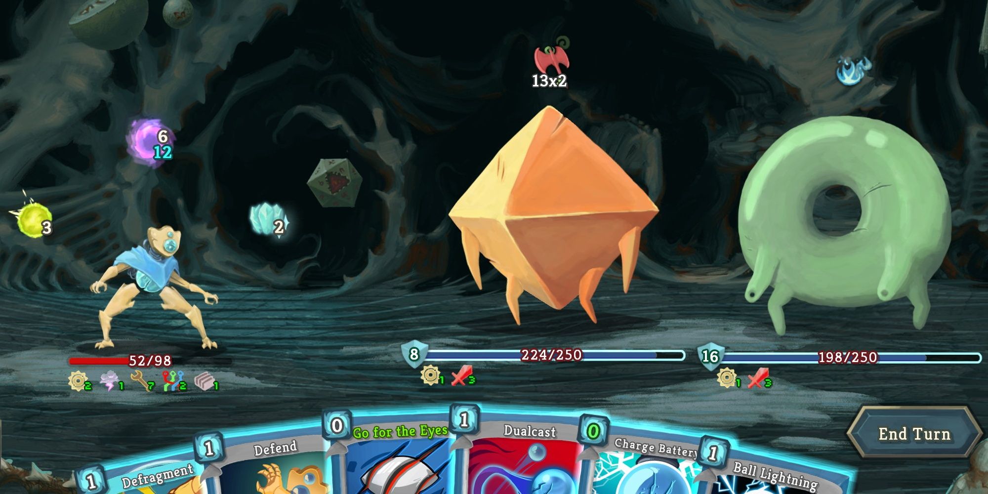 Battle between shapes and Defect in Slay the Spire