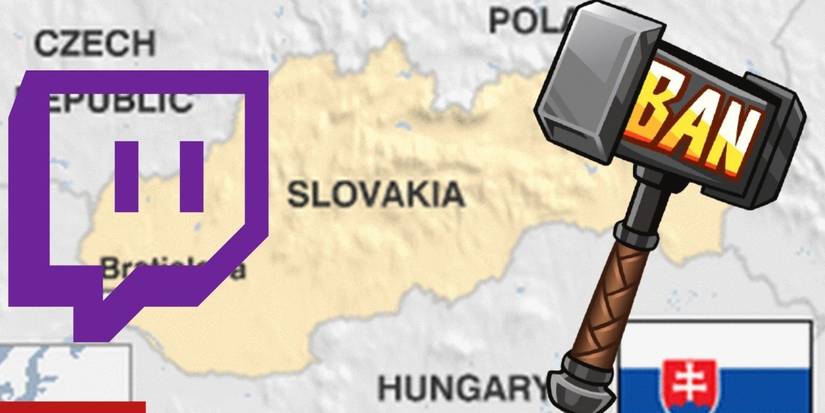 Twitch logo and a "ban" hammer over a map of Slovakia.
