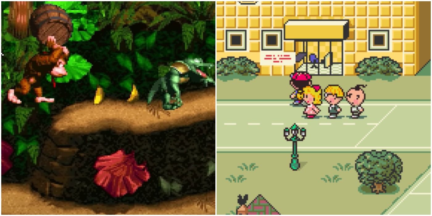 snes split image donkey kong country earthbound