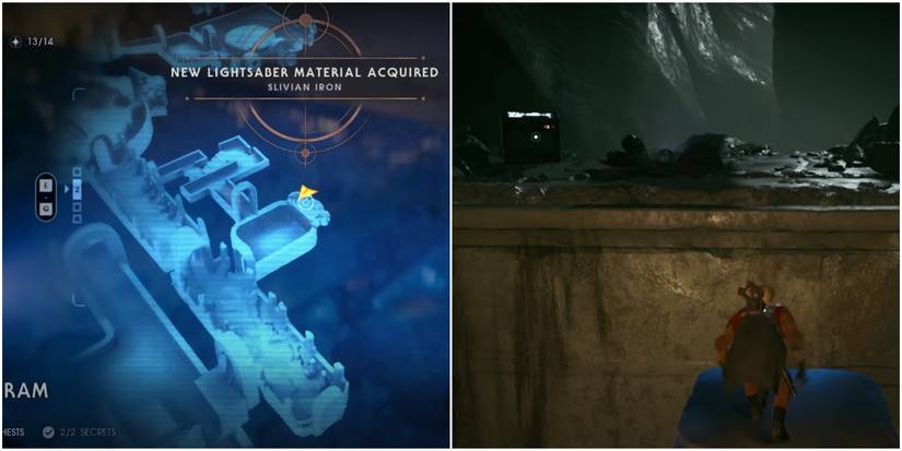 where to find the first chest in the tomb of eilram on the map and the ledge where the chest is found.