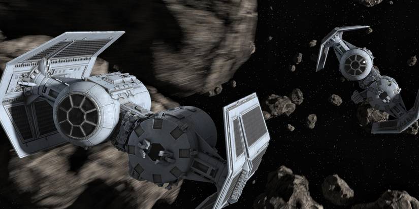 tie bombers flying between asteroids