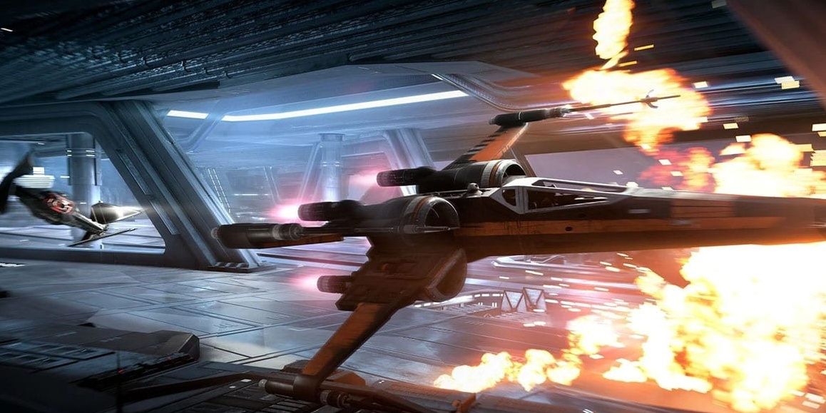 x wing flying away from a tie fighter