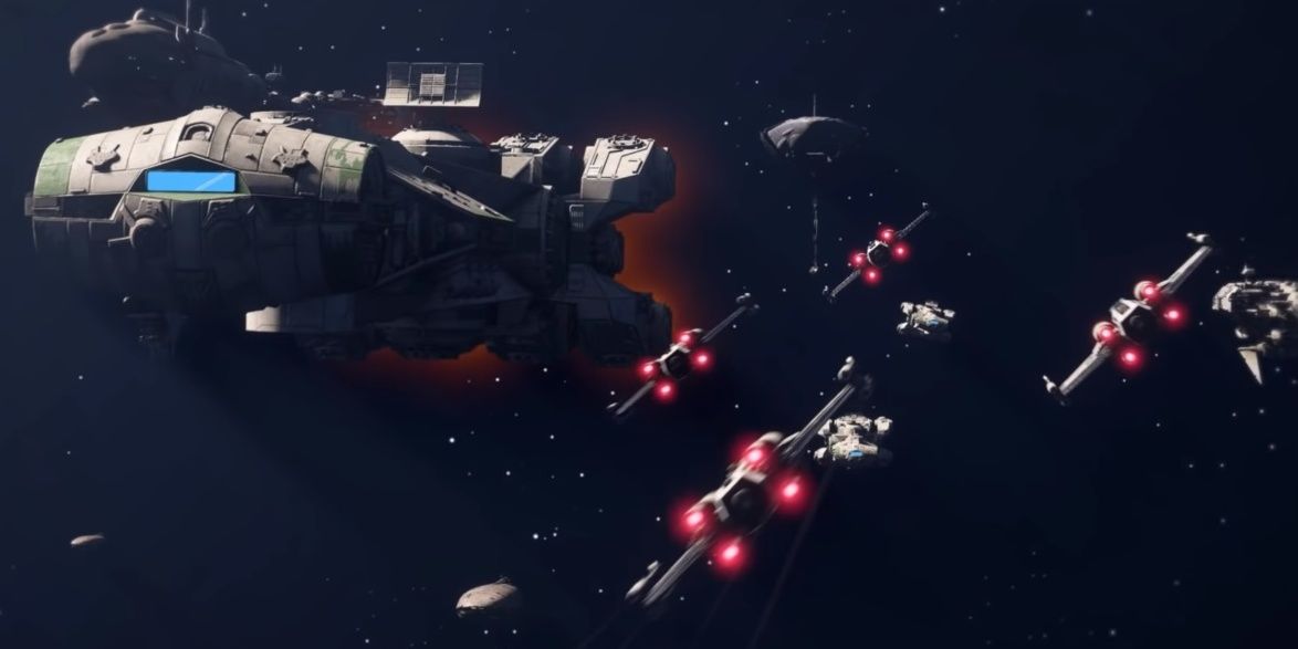 x wing protecting a rebel ship