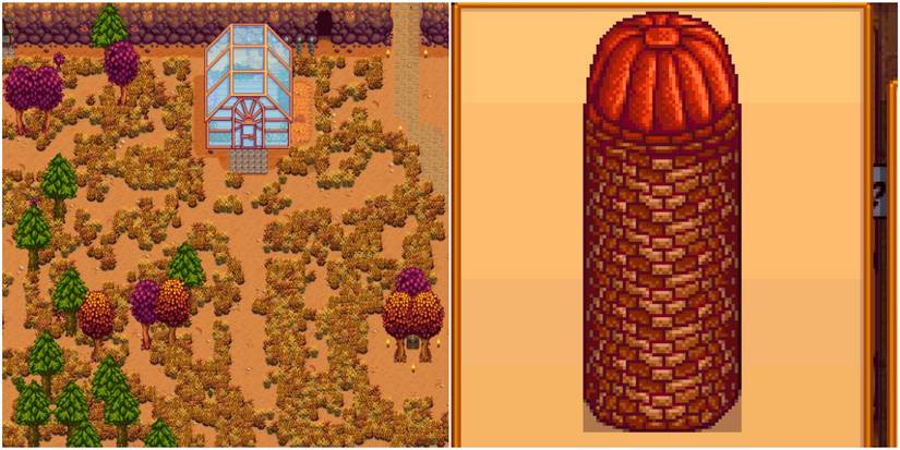 Stardew Valley farm in autumn (left); silo (right)