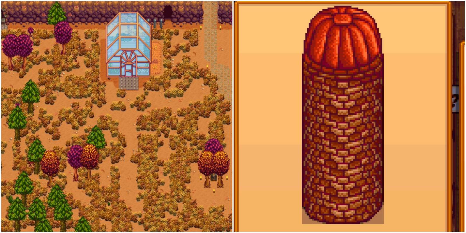 Stardew Valley farm in autumn (left); silo (right)