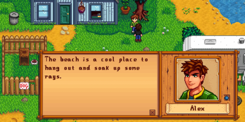 player talking to alex about the beach.