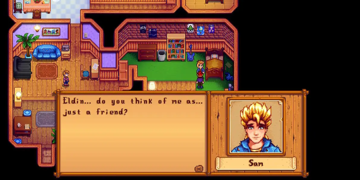 pixel art - sam in the video game stardew valley, a blonde villager in a relationship with the player, saying 'Eldin... do you think of me as... just a friend?'