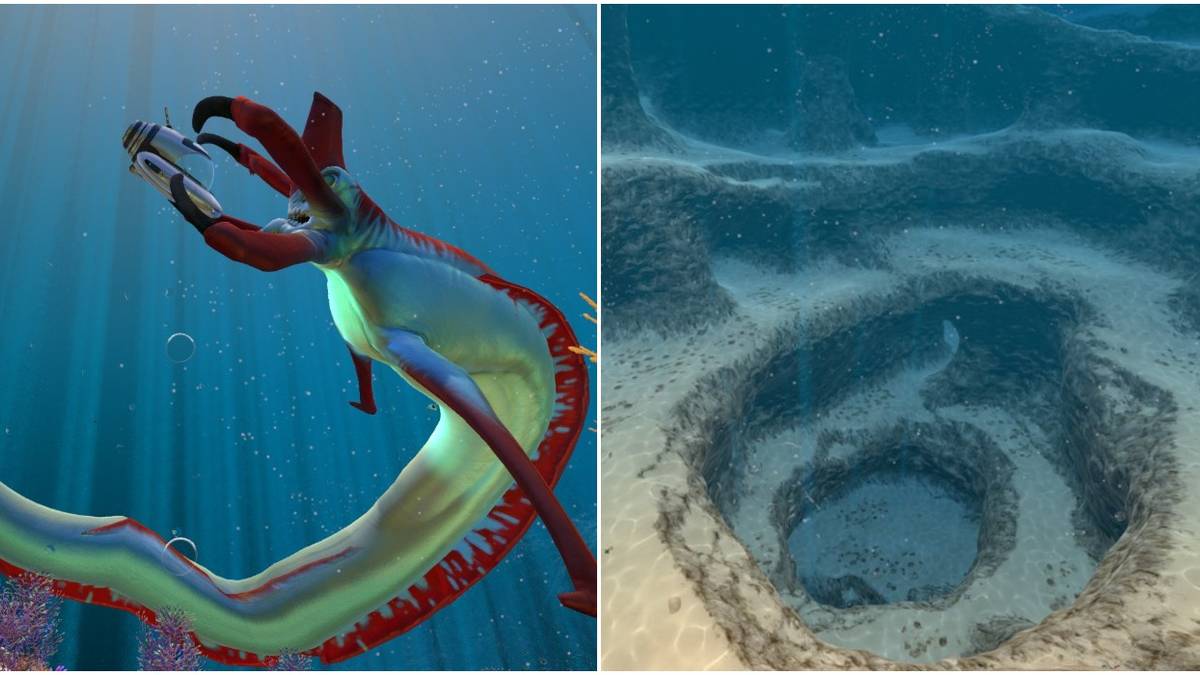 (Left) Reaper Leviathan attacking the player's Seamoth (Right) Cave in the Dunes biome