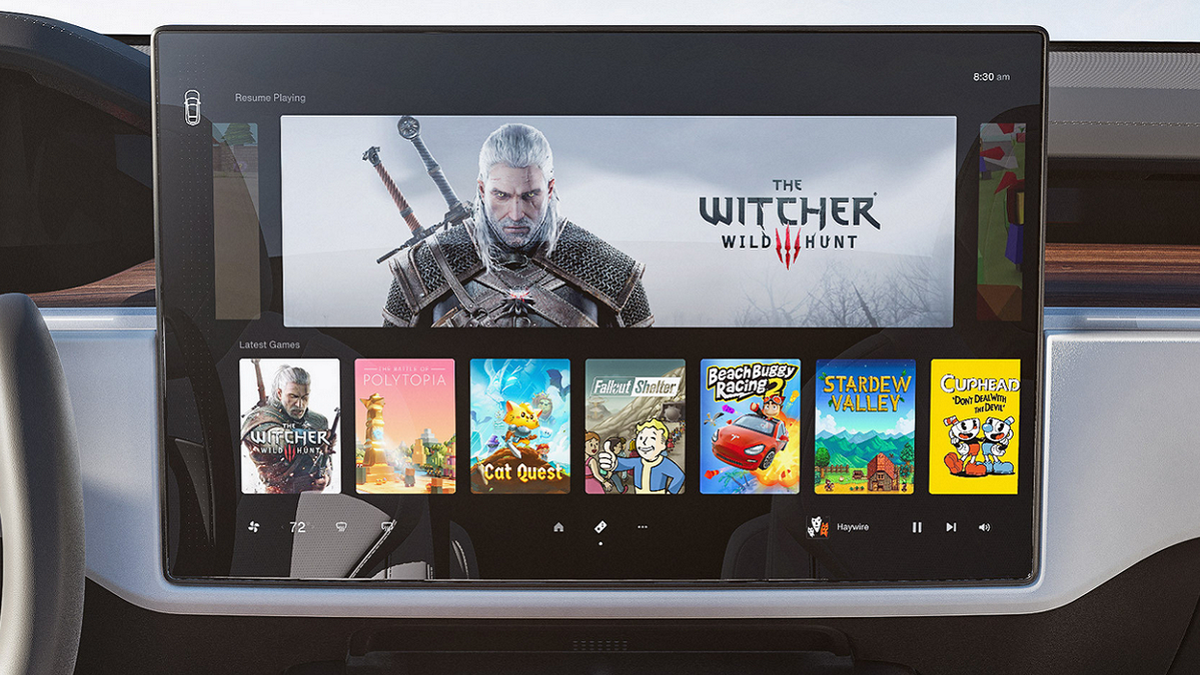 Tesla sreen showing numerous games, including Witcher 3, Fallout Shelter and Cuphead.